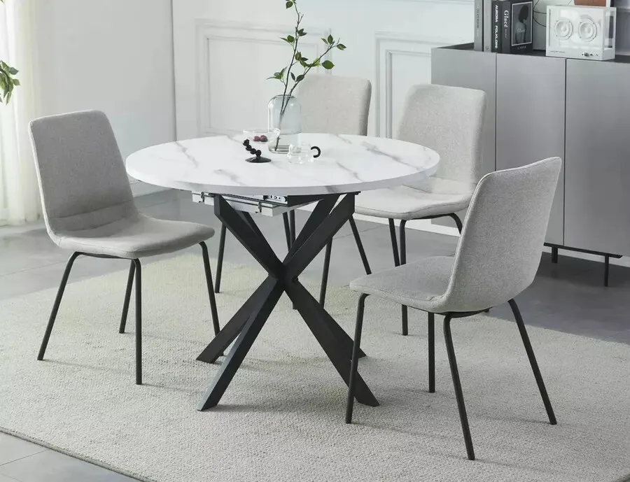 Stół okrągły rozkładany GASTON 100/135x100 - biały efekt marmuru/czarny mat