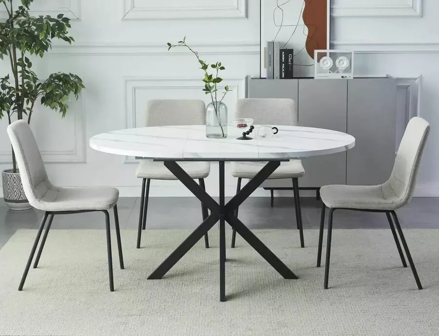 Stół okrągły rozkładany GASTON 100/135x100 - biały efekt marmuru/czarny mat
