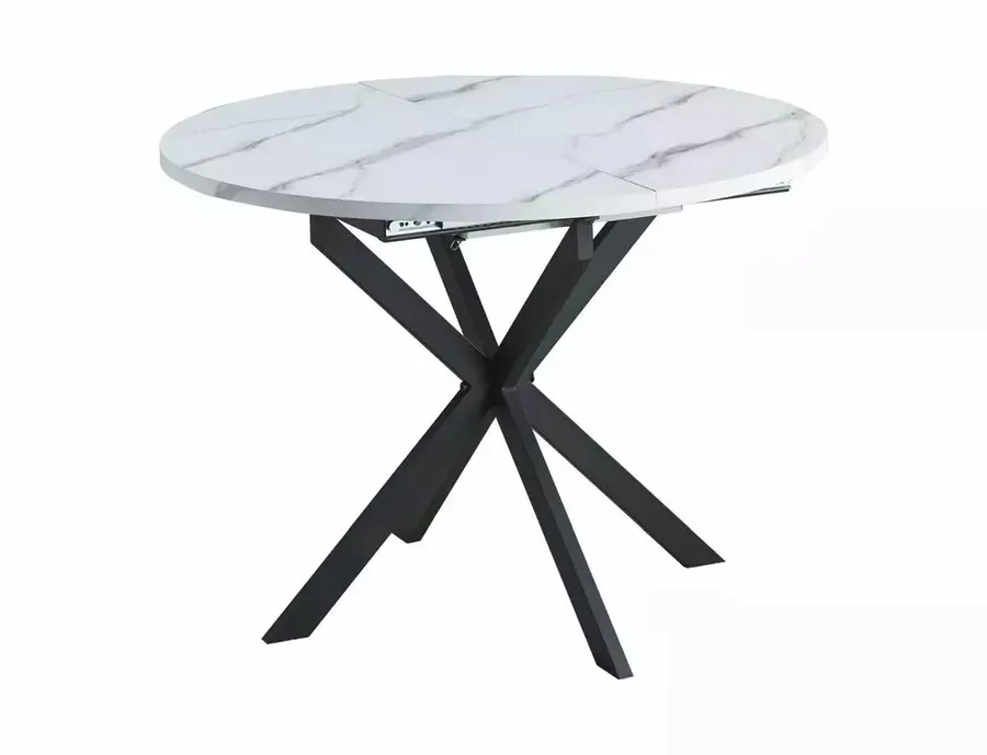 Stół okrągły rozkładany GASTON 100/135x100 - biały efekt marmuru/czarny mat