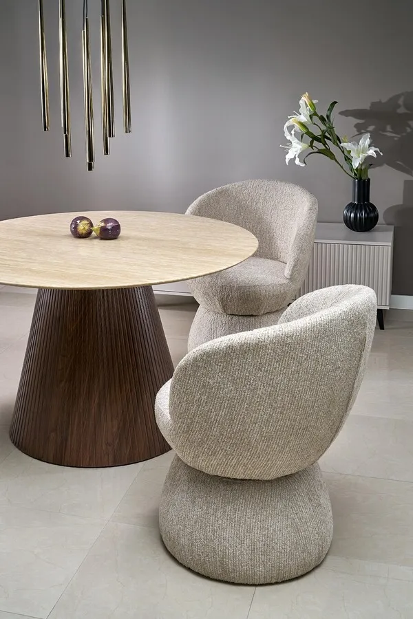 Stół okrągły PIREUS 120 cm - trawertyn/orzech