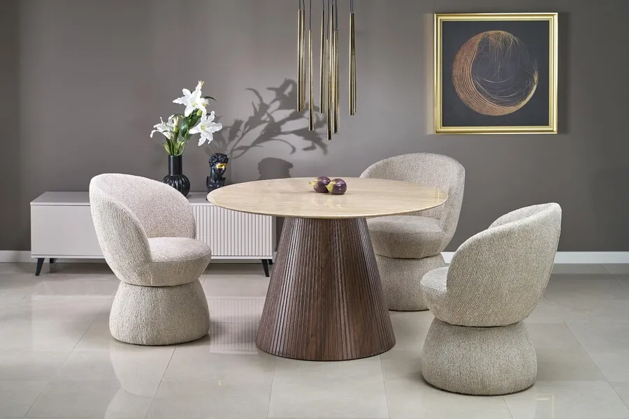 Stół okrągły PIREUS 120 cm - trawertyn/orzech