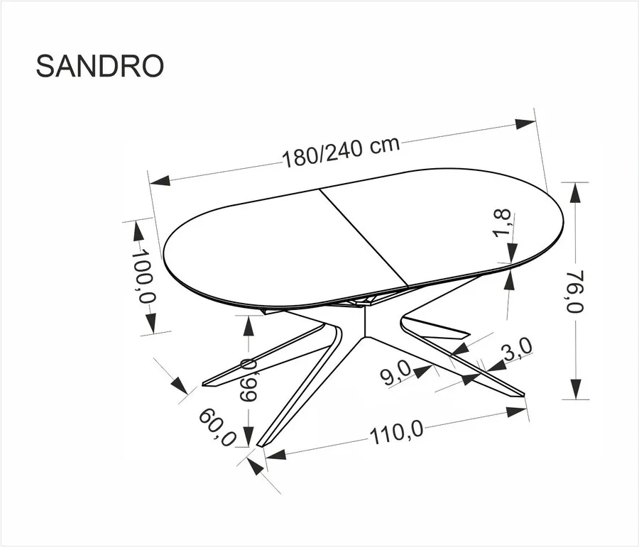 Sół owalny rozkładany SANDRO 180/240x100 - czarny