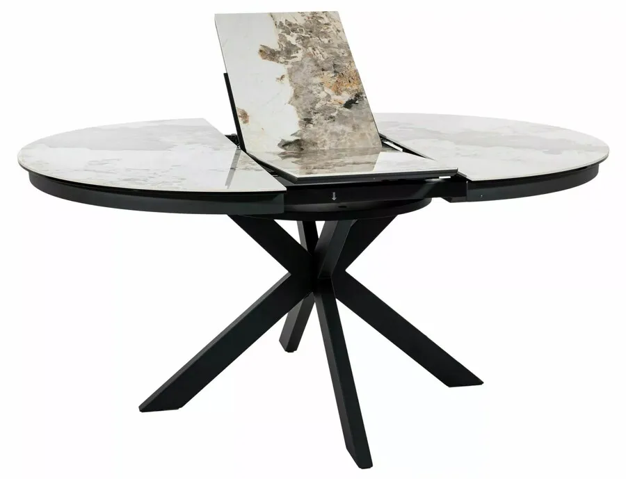 Stół okrągły rozkładany PORTO CERAMIC 120/160x120 - biały połysk/czarny