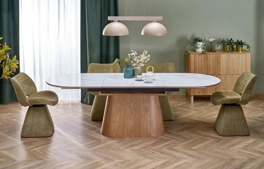 Stół owalny rozkładany SIRIUS 160/240x90 - biały marmur/naturalny