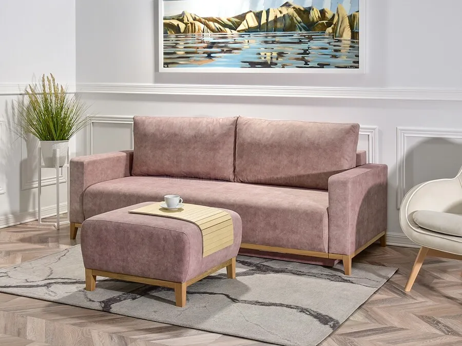 Sofa rozkładana SKANDYNAWIA - pudrowy róż/dąb