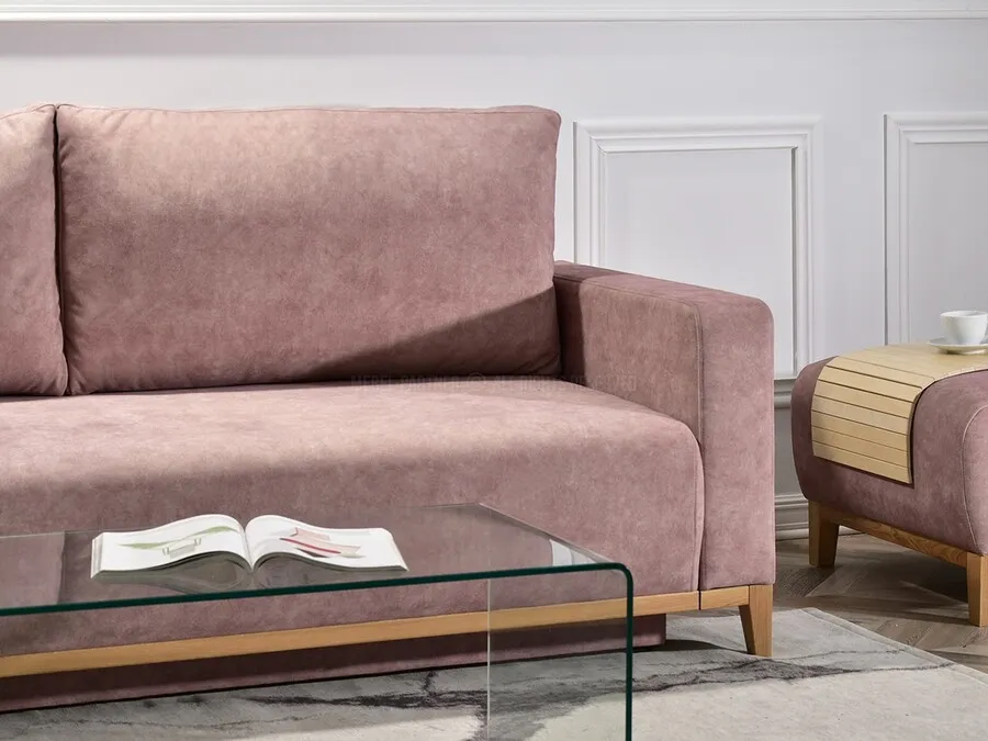 Sofa rozkładana SKANDYNAWIA - pudrowy róż/dąb