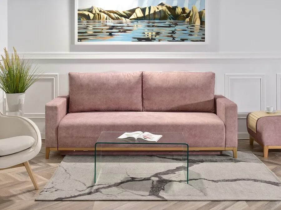 Sofa rozkładana SKANDYNAWIA - pudrowy róż/dąb