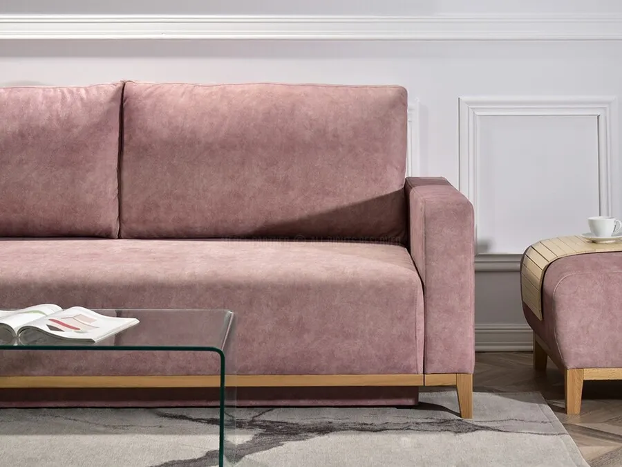 Sofa rozkładana SKANDYNAWIA - pudrowy róż/dąb