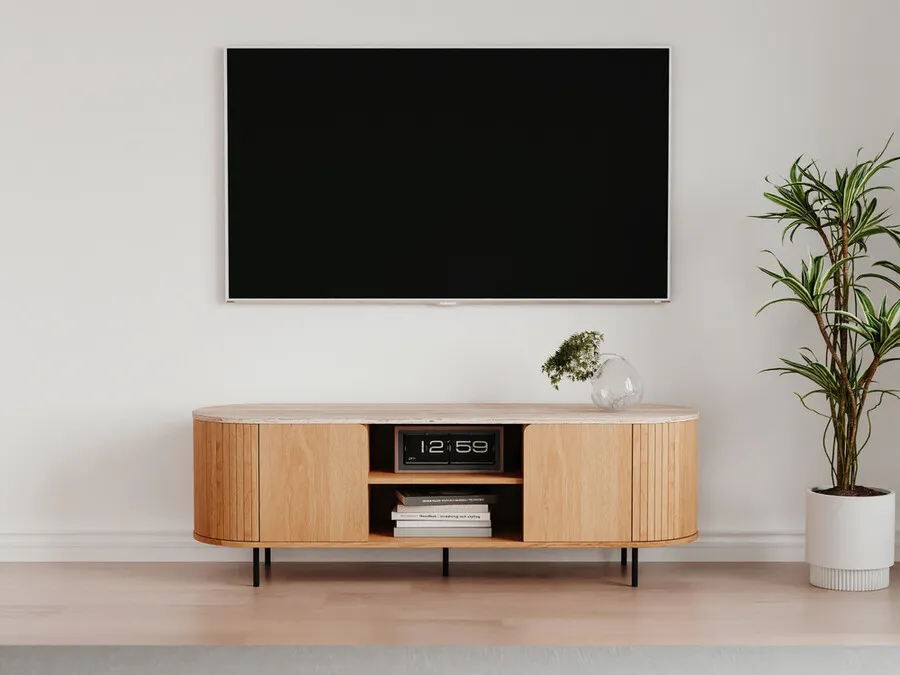 Szafka RTV 2-drzwiowa z lamelami FABIA 140 cm - dąb/trawertyn