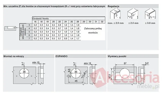 Zawias z hamulcem MODUL BLUMOTION - nikiel / 95° / ze sprężyną / drzwi równoległe wpuszczane / wkręty