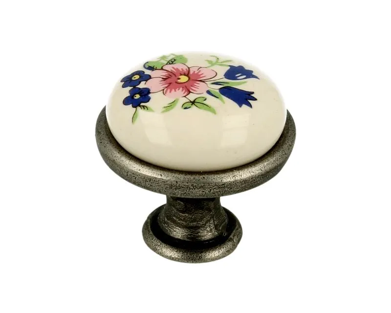Gałka GP19 - nikiel patynowany, porcelana mleczna z kwiatem / fi 29 mm