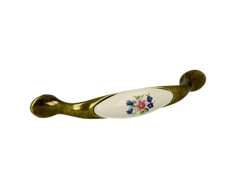 Uchwyt UP19 - mosiądz antyczny, porcelana mleczna z kwiatem / rozstaw 96 mm
