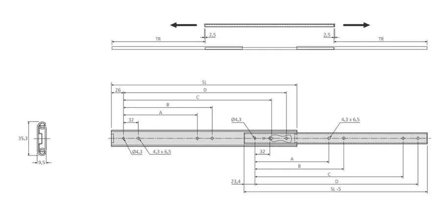 Prowadnica kulkowa DZ2026 / dł. 50 cm / 40 kg / 2-stronny wysuw 75%