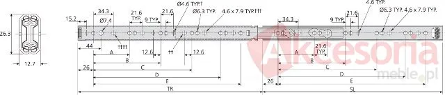 Prowadnica kulkowa 2601 dł.50cm 45kg wysuw100%  Accuride