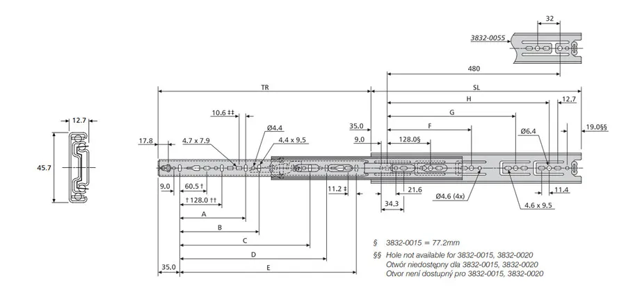 Prowadnica kulkowa DZ3832 / dł. 20 cm / 46 kg / wysuw 100% 