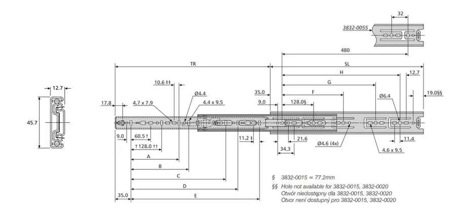 Prowadnica kulkowa DZ3832 / dł. 35 cm / 49 kg / wysuw 100% 