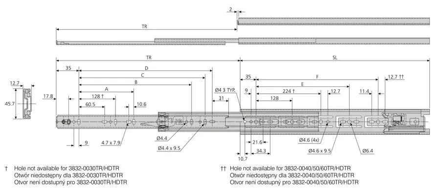 Prowadnica kulkowa DZ3832-TR / dł. 55 cm / 45 kg / otwieranie dotykowe 