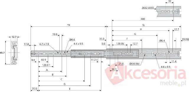 Prowadnica kulkowa 3832 35cm 45kg Wysuw 100% Biała Accuride