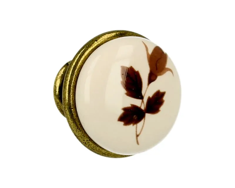 Gałka GP19 - mosiądz antyczny, porcelana mleczna z liśćmi / fi 29 mm