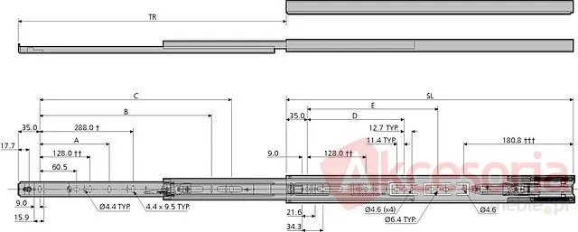 Prowadnica kulkowa DZ3832EC 55cm 36kg Z Hamulcem 100% Accuride
