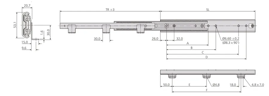 Prowadnica kulkowa DZ5321-60 z kątownikiem / dł. 60 cm / 120 kg / wysuw ponad 100%