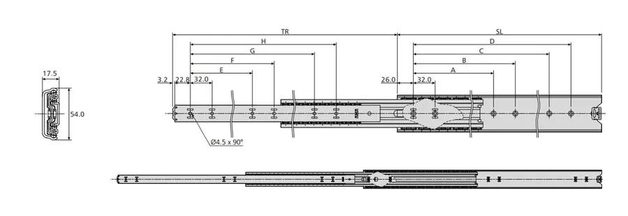 Prowadnica kulkowa DZ5417 / dł. 45 cm / 90 kg / wysuw ponad 100%