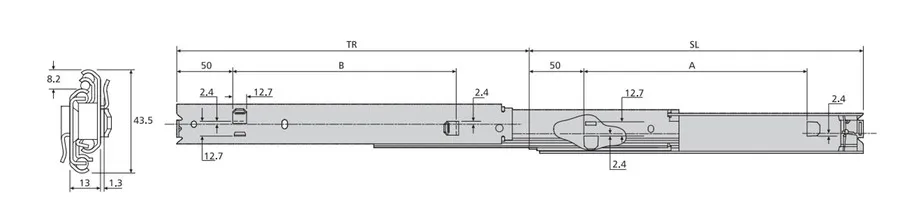 Prowadnica do mebli metalowych DZ7400 / dł. 45 cm / 45 kg / wysuw ponad 100% / montaż bagnetowy