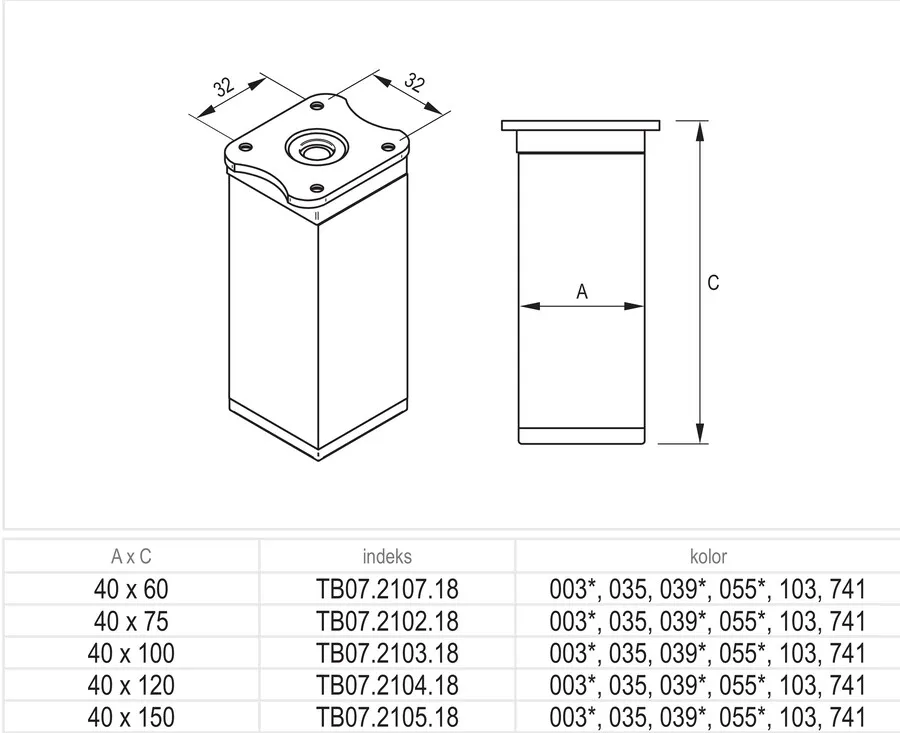 Stopka 40x40 regulowana (CK40.ZP) H150mm. aluminium/tworzywo sztuczne C-0