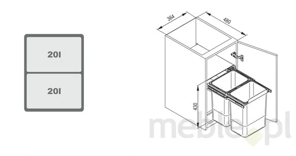 Pojemnik na odpady JC602  KB=400 NL=450 H=440 WYSOKI PODWÓJNY (2x20L) tworzywo sztuczne srebrny DS