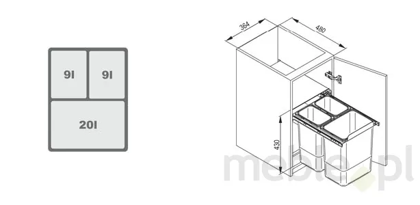 Pojemnik na odpady JC601 KB=400 NL=450 H=440 WYSOKI POTRÓJNY (2x9L/1x20L) tworzywo sztuczne srebrny DS