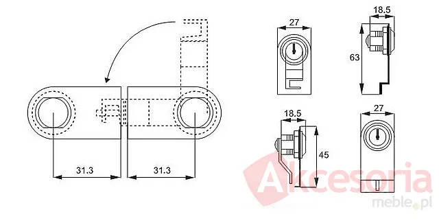rysunek techniczny Zamek Do Drzwi Szklanych C-410-2 VITRIO Chromowany(W)