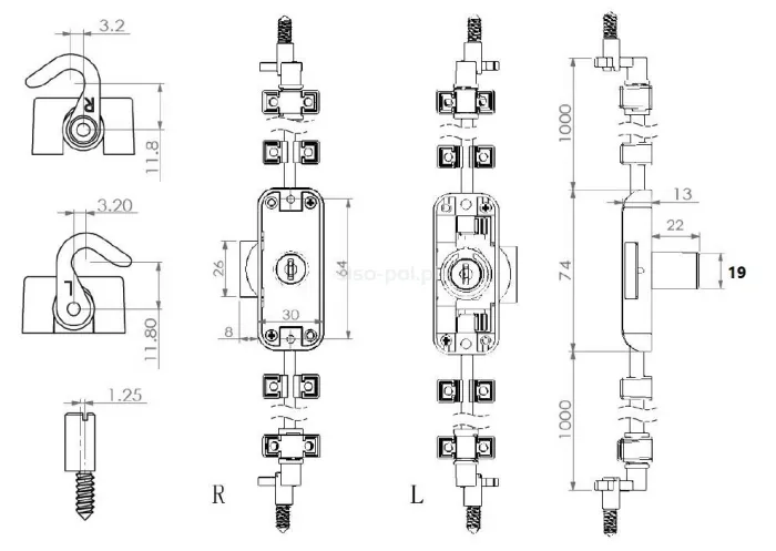 Zamek baskwilowy patentowy prawy Siso X-922 - niklowany / fi 19 mm / bez prętów