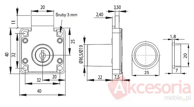 rysunek techniczny Zamek Kwadratowy X-850 Lewy