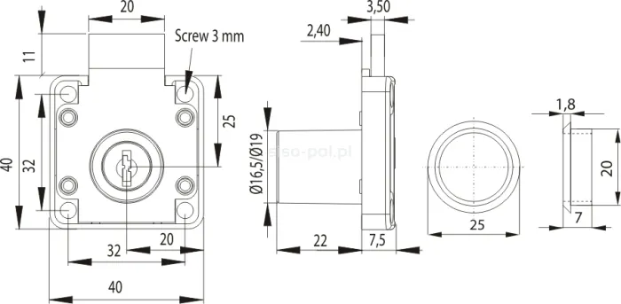 Zamek kwadratowy Siso X-850 MASTER J11 - niklowany / fi 19 mm / klucz łamany