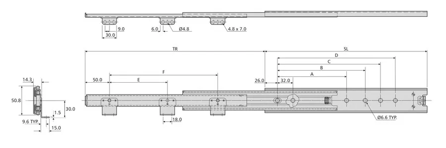 Prowadnica kulkowa DZ3301-60 z kątownikiem / dł. 65 cm / 60 kg / wysuw ponad 100%