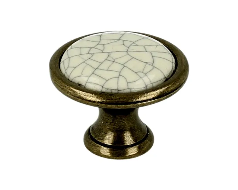 Gałka ROMANA 1700 - stary mosiądz, jasnobeżowa popękana porcelana / fi 29 mm