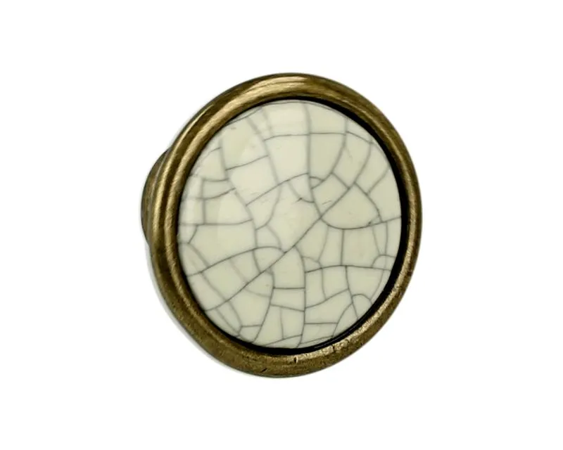 Gałka ROMANA 1700 - stary mosiądz, jasnobeżowa popękana porcelana / fi 29 mm