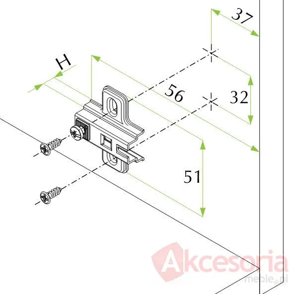 Rys. techniczny Prowadnik krzyżakowy zawiasu FGV  H=0 bez euro metal nikiel
