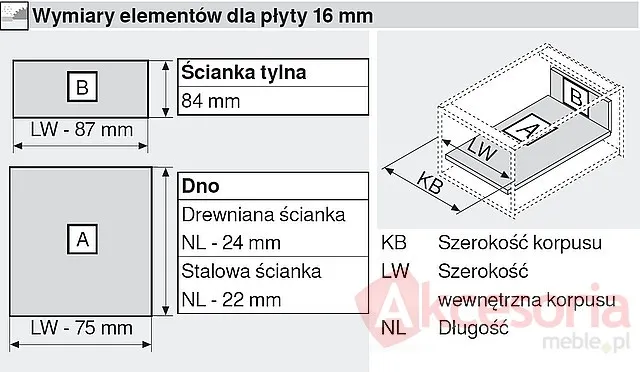 Szuflada Tandembox Wewnętrzna Wys.M=83mm dł.55cm 30kg SZARA Blum