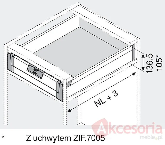 Szuflada Tandembox Wewnętrzna Wys.M=83mm dł.55cm 30kg SZARA Blum