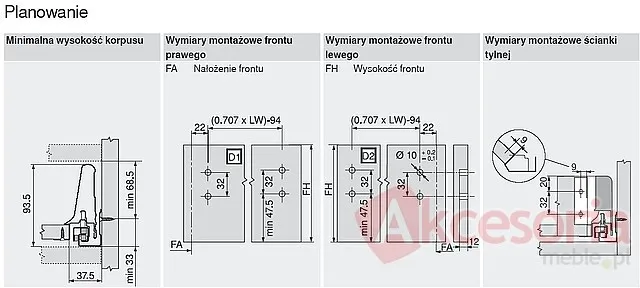 Szuflada narożna TANDEMBOX ANTARO z hamulcem / wys. M=83 mm / dł. 60 cm / 65 kg / biały