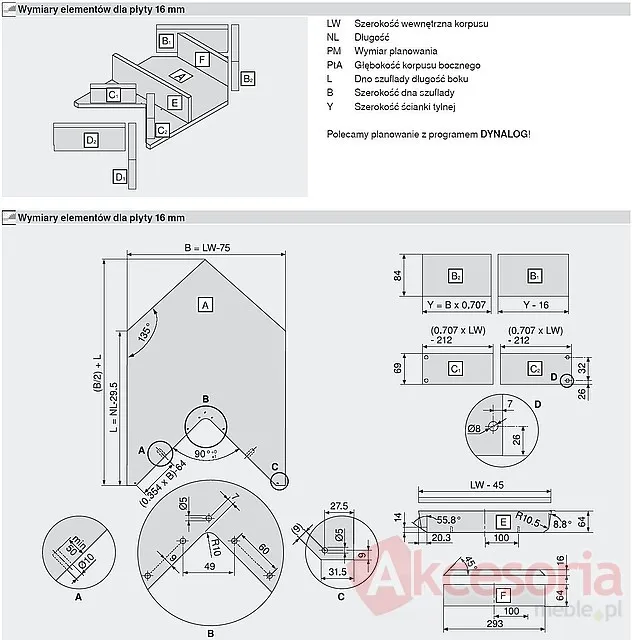 Szuflada narożna TANDEMBOX ANTARO z hamulcem / wys. M=83 mm / dł. 65 cm / 65 kg / biały