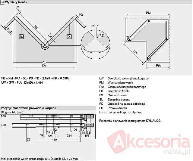 Szuflada narożna TANDEMBOX ANTARO z hamulcem / wys. M=83 mm / dł. 65 cm / 65 kg / biały