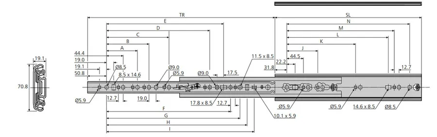 Prowadnica kulkowa DZ7957 / dł. 55.88 cm / 160 kg / wysuw 100%