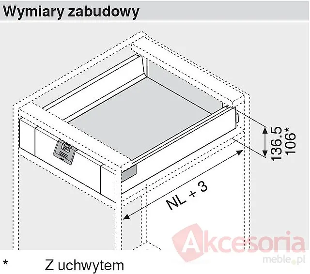 Szuflada INTIVO Wewnętrzna Wys.M=83mm dł.50cm 30kg INOX HAMULEC