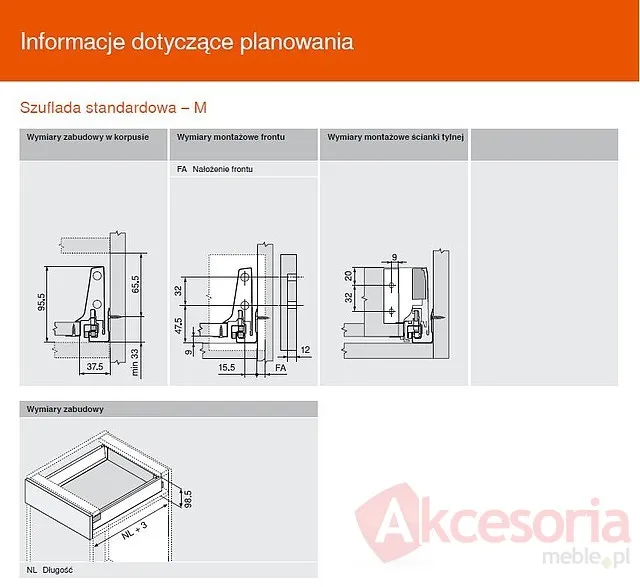 Tandembox Plus Wys.M=83mm Głęb.65cm 50kg SZARA Z Hamulcem Blum