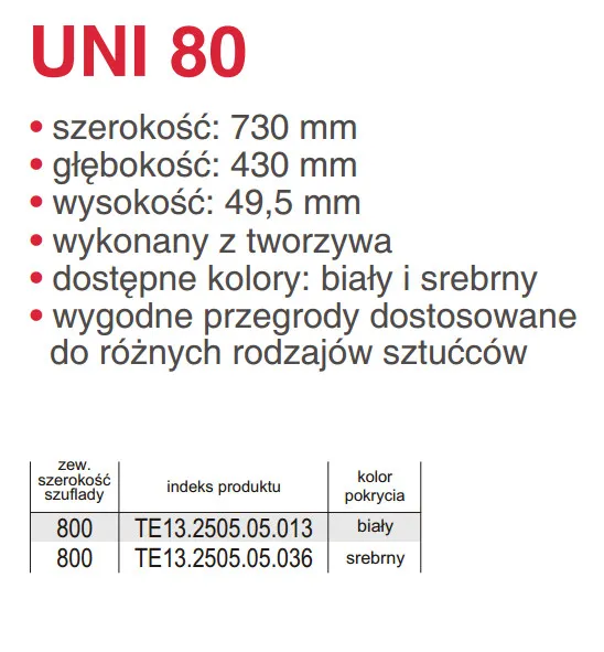 Wkład szufladowy UNI 80 730X430 1,6 MM tworzywo sztuczne biały