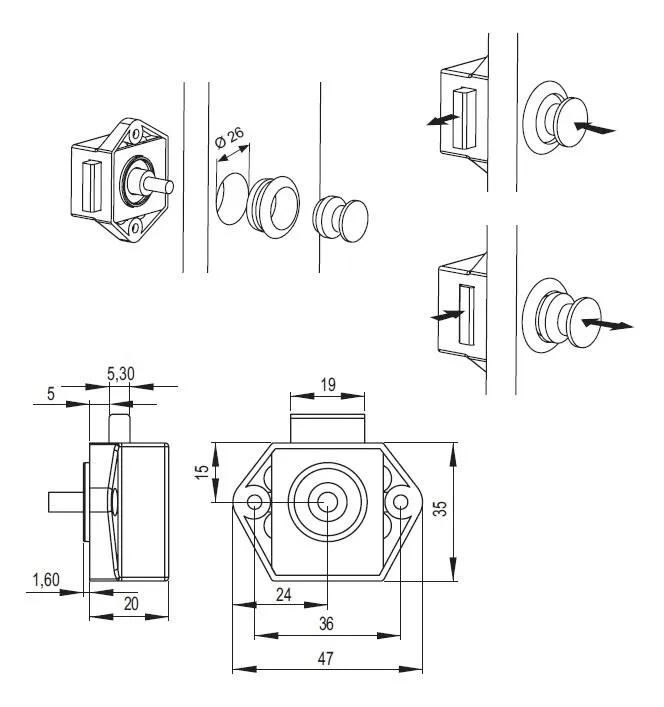 Zamek wciskany Siso CARAVAN - efekt aluminium