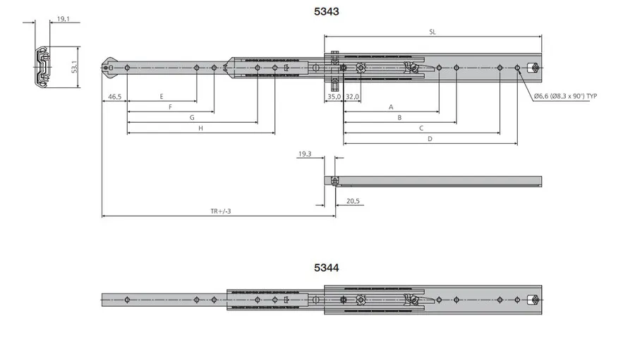 Prowadnice DZ5343+DZ5344 z blokadą / dł. 35 cm / 85 kg / wysuw 100%