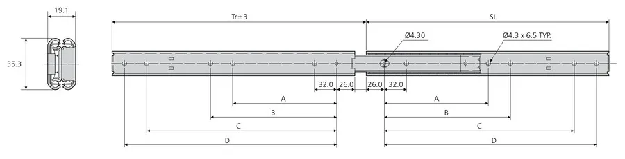 Prowadnica nierdzewna DS3031 do wysokich temperatur / dł. 70 cm / 55 kg / wysuw 100% 
